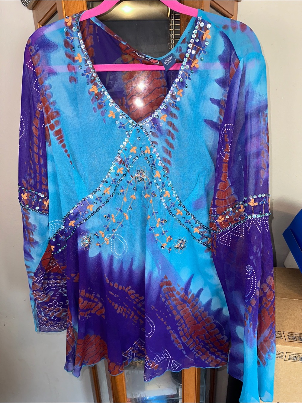 Embellished V-Neck Blue & Purple Women’s Tunic Top